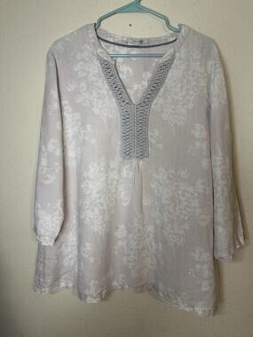 EUC Boden Women’s Linen Tunic Top Macramé Trim In Pale Lilac/White Size 16